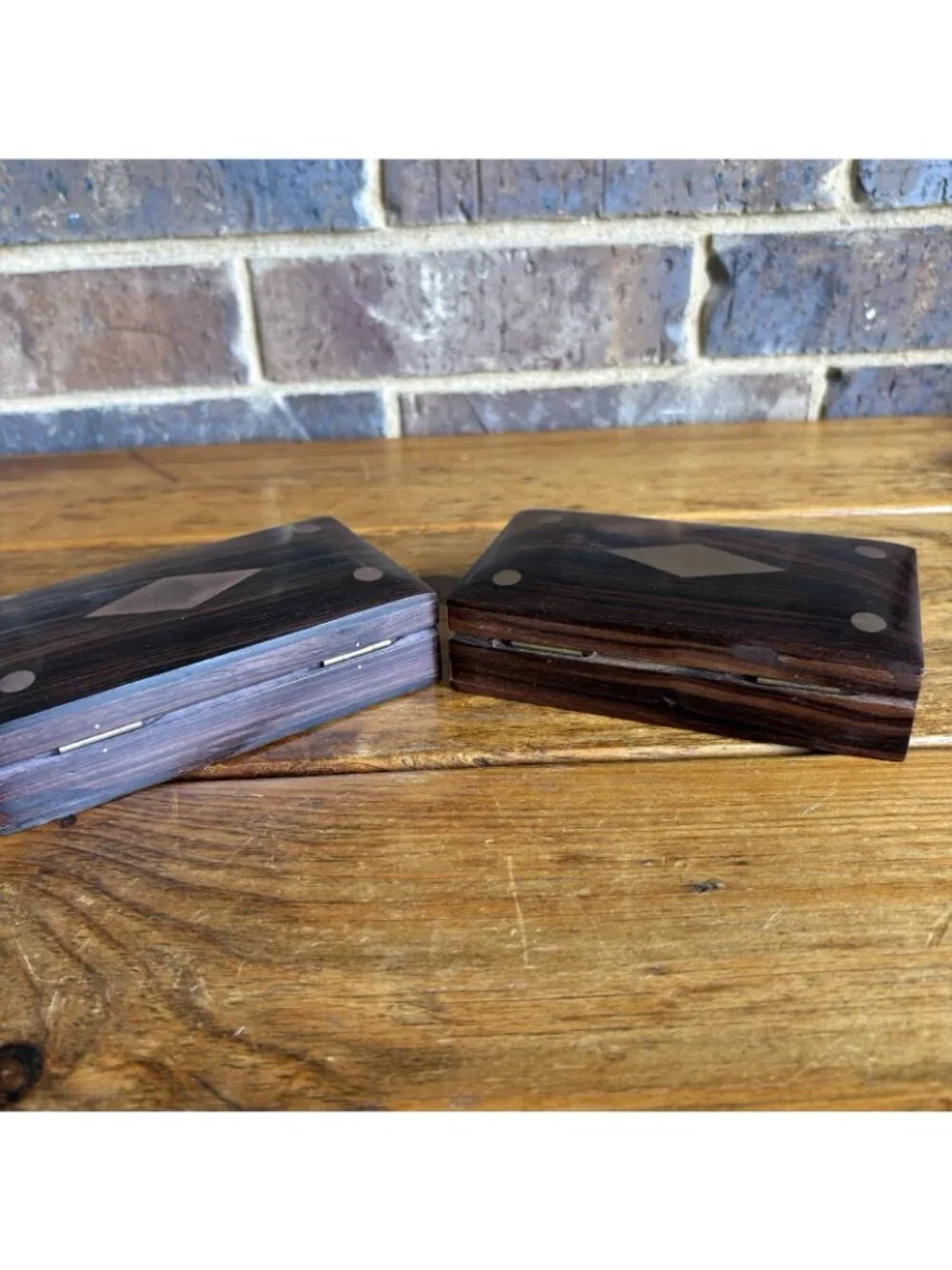 2 Wooden Trinket Boxes Brass Inlay Diamond Top Measurements In Photos